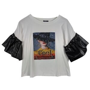 Vivid T-Shirt Top Graphic Print Beaded Flared Sleeve Ruffle Stretch White Large